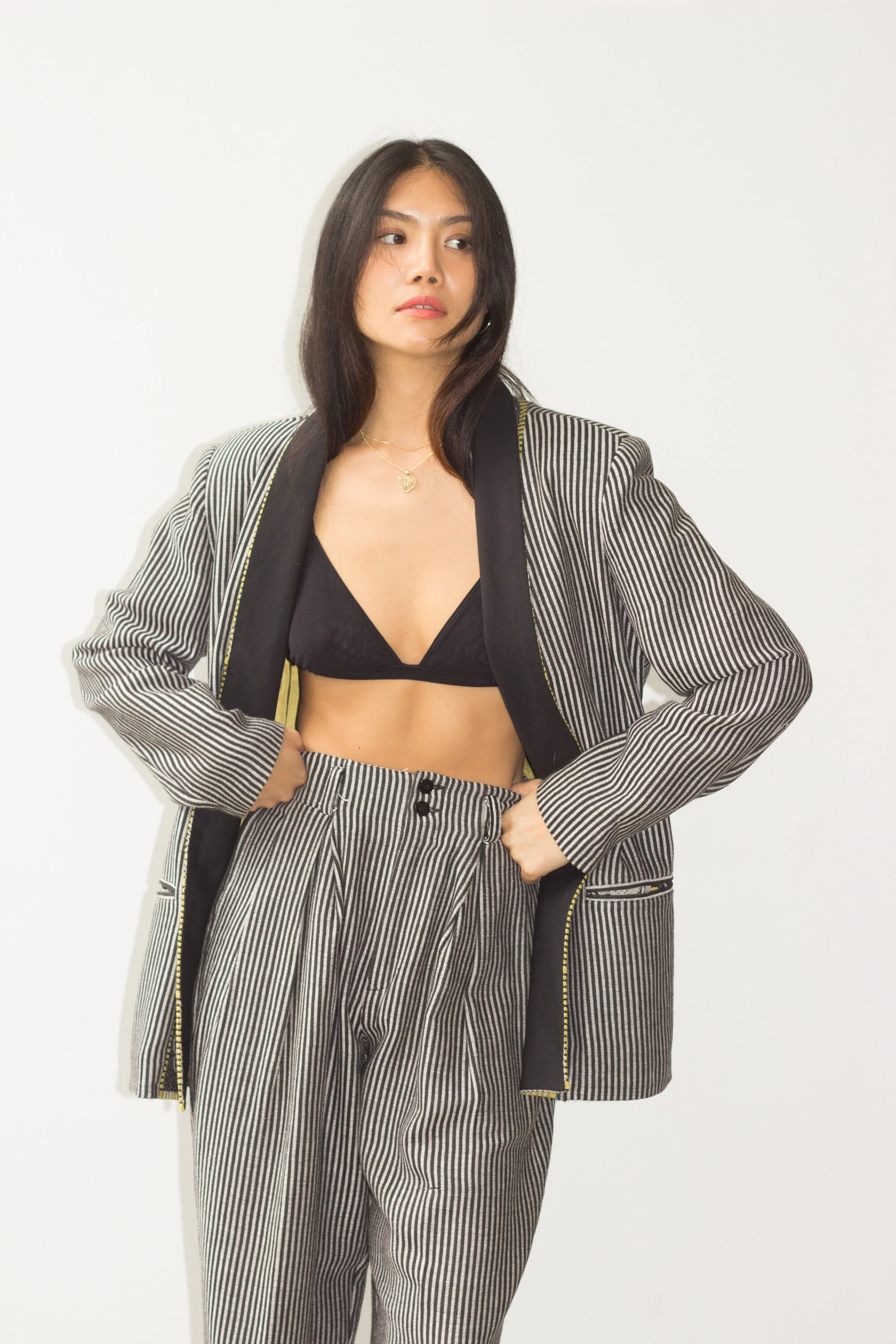 1990s Vivienne Tam Striped Wool Shawl Collar Suit — Wayward Collection